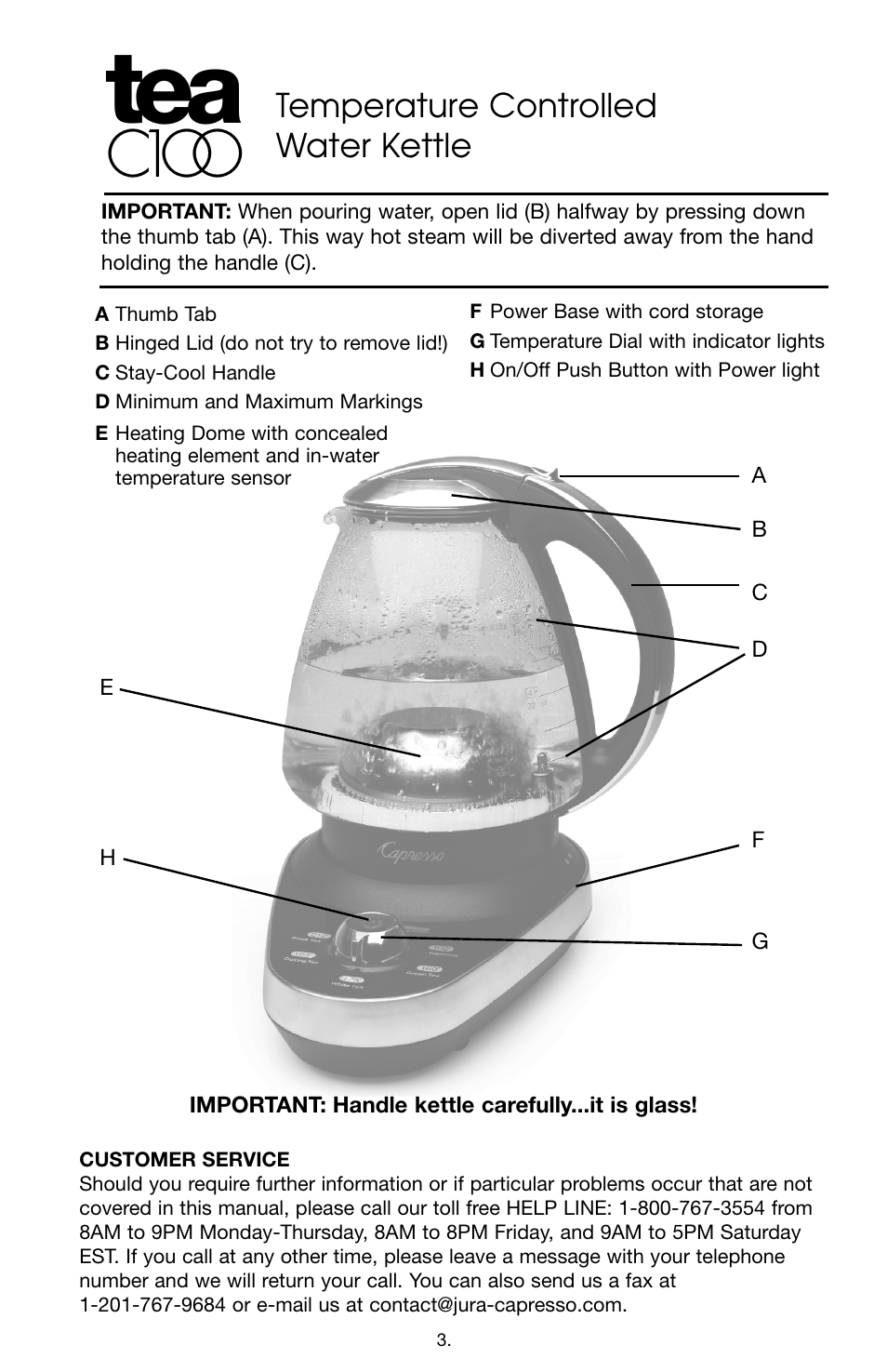 C1oo, Temperature controlled water kettle | Capresso C1OO #261 User Manual | Page 3 / 6