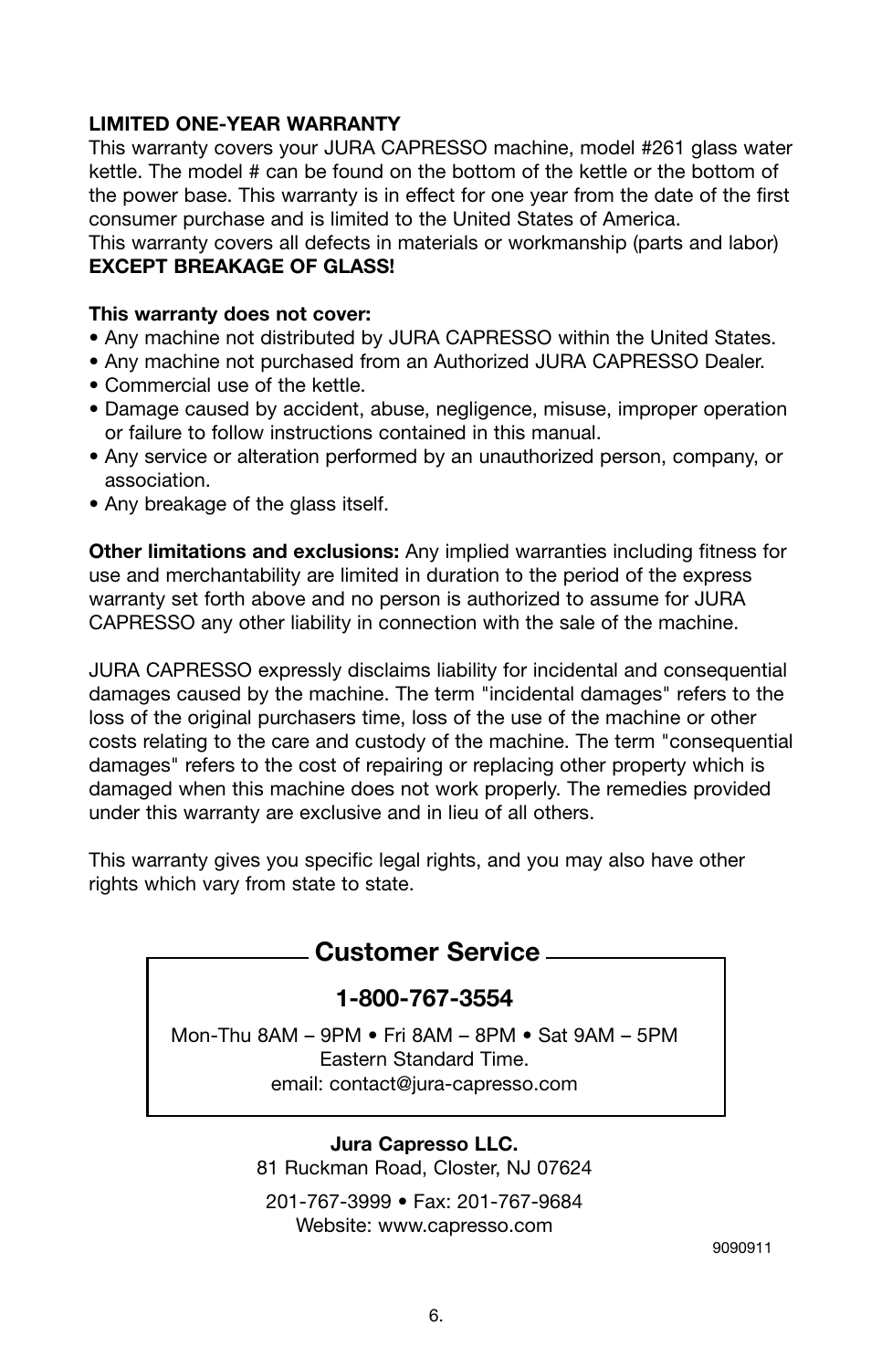 Customer service | Capresso C1OO #261 User Manual | Page 6 / 6