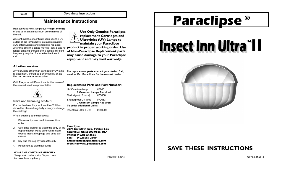 Paraclipse Insect Inn Ultra I User Manual | 4 pages