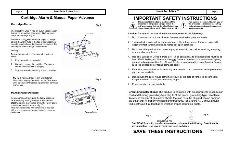 Important safety instructions, Cartridge alarm & manual paper advance, Save these instructions | Insect inn ultra | Paraclipse Insect Inn Ultra I User Manual | Page 3 / 4