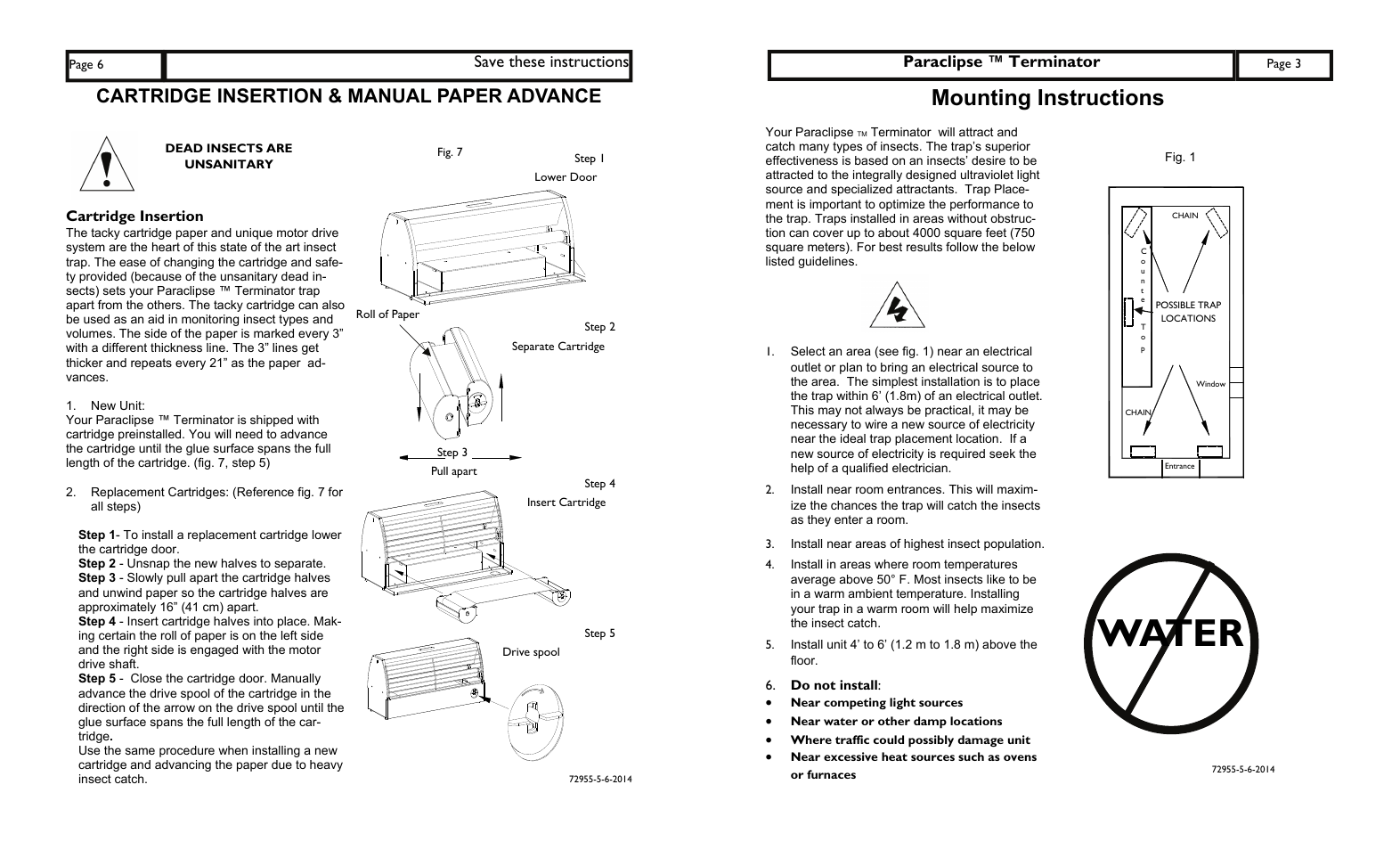 Save these instructions, Cartridge insertion & manual paper advance, Cartridge insertion | New unit, Step 2 - unsnap the new halves to separate, Paraclipse ™ terminator, Mounting instructions, Water | Paraclipse Terminato User Manual | Page 3 / 4