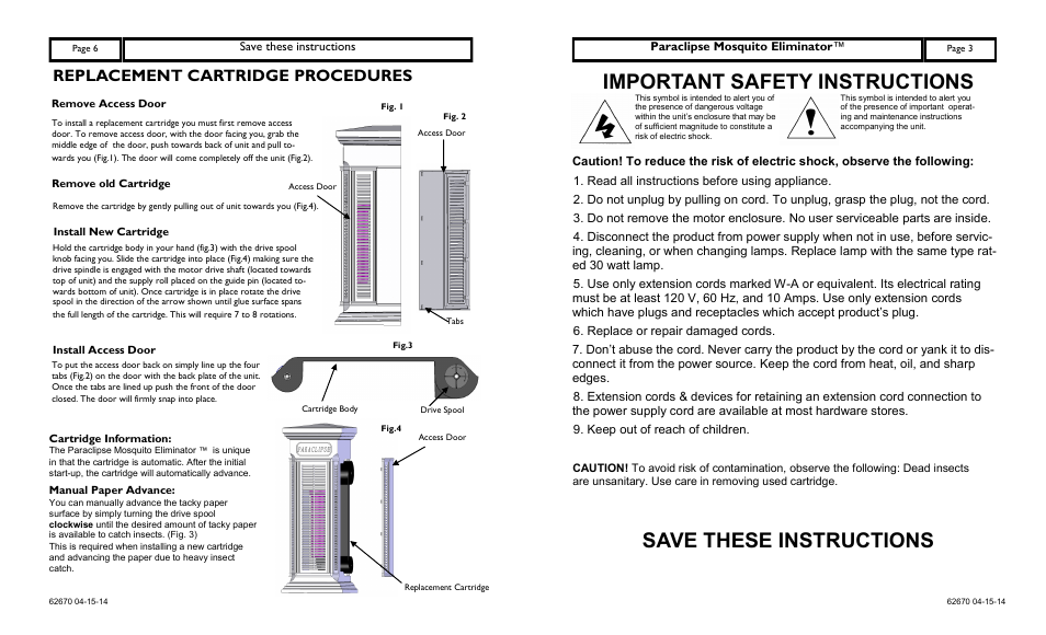 Important safety instructions, Save these instructions, Replacement cartridge procedures | Paraclipse Mosquito Eliminato User Manual | Page 3 / 4