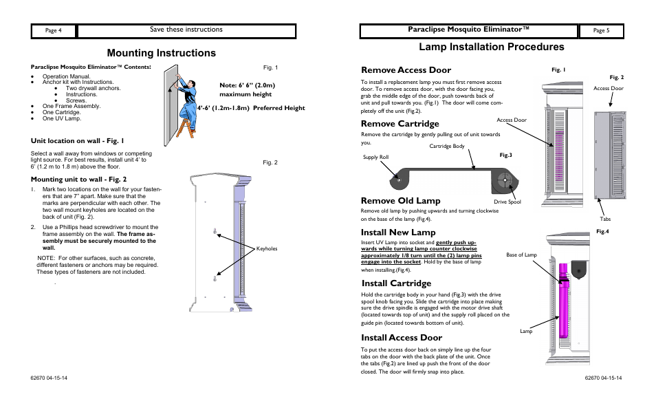 Mounting instructions, Lamp installation procedures, Remove access door remove cartridge | Remove old lamp, Install new lamp, Install cartridge install access door, Save these instructions, Paraclipse mosquito eliminator | Paraclipse Mosquito Eliminato User Manual | Page 4 / 4