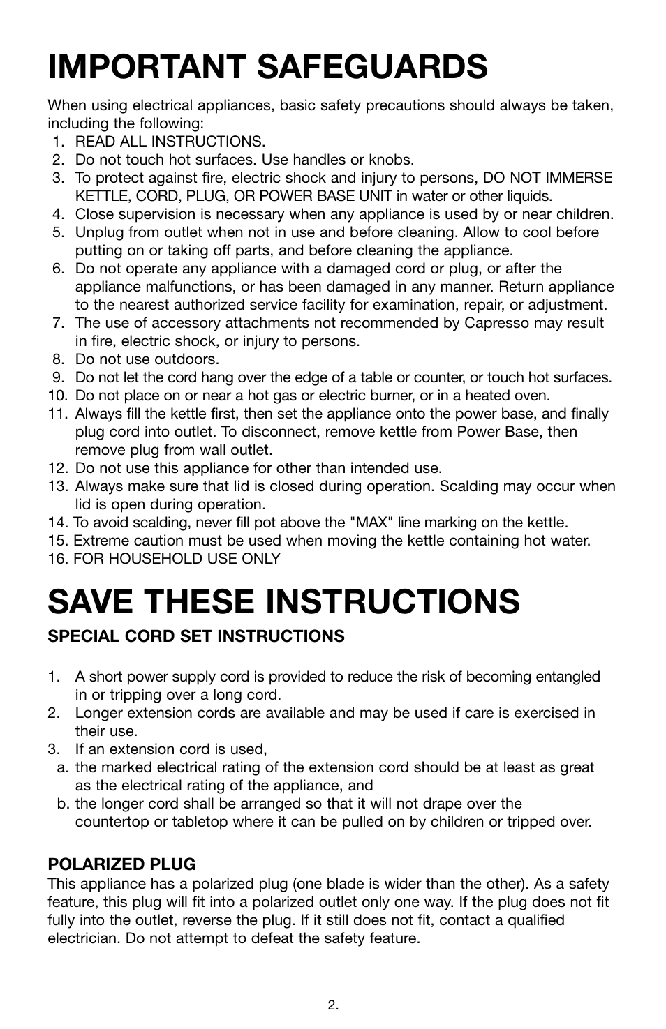 Important safeguards, Save these instructions | Capresso PerfecTea 260 User Manual | Page 2 / 6