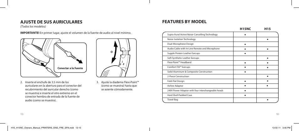 Features by model, Ajuste de sus auriculares | Paradigm H15NC User Manual | Page 13 / 40