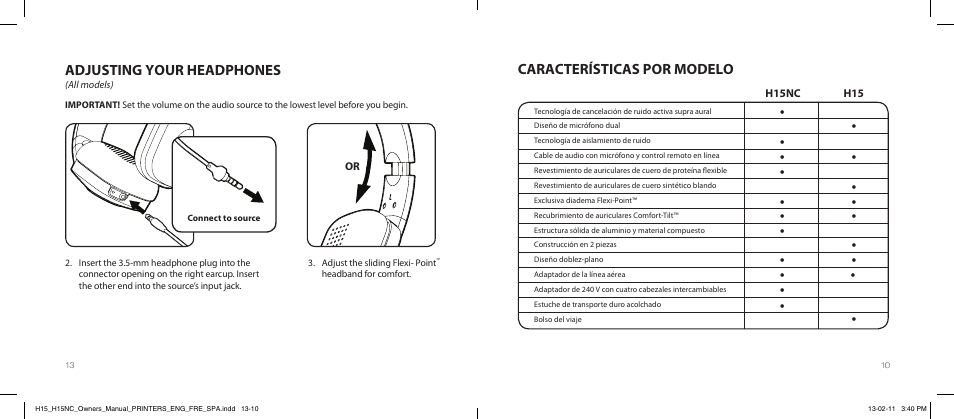 Adjusting your headphones, Características por modelo | Paradigm H15NC User Manual | Page 16 / 40