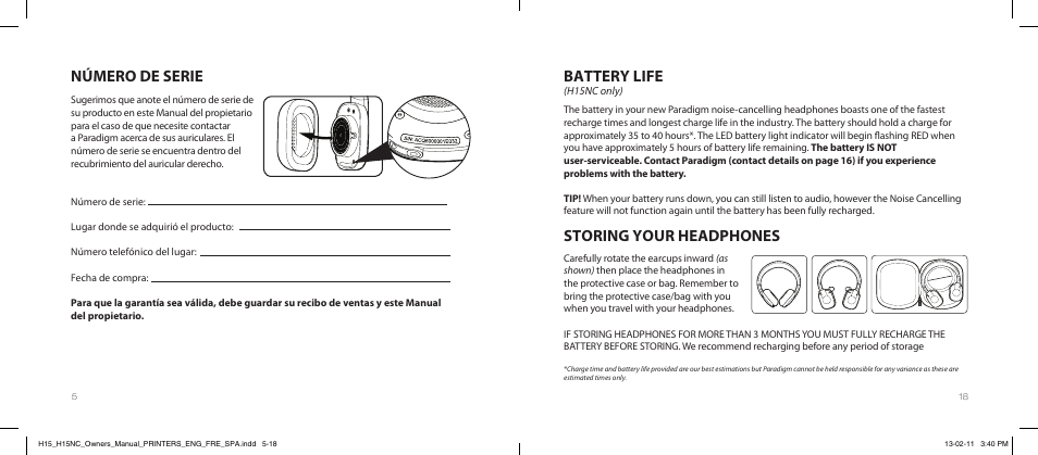 Battery life, Storing your headphones, Número de serie | Paradigm H15NC User Manual | Page 21 / 40