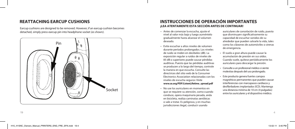Reattaching earcup cushions, Instrucciones de operación importantes, Pin socket | Paradigm H15NC User Manual | Page 22 / 40