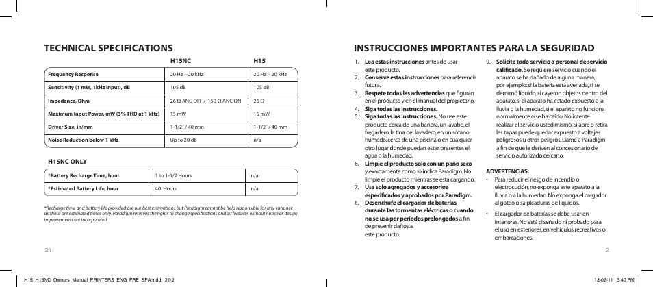 Instrucciones importantes para la seguridad, Technical specifications | Paradigm H15NC User Manual | Page 24 / 40