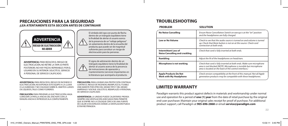 Troubleshooting, Limited warranty, Precauciones para la seguridad | Advertencia | Paradigm H15NC User Manual | Page 25 / 40