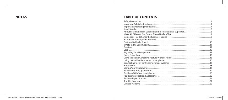 Table of contents notas | Paradigm H15NC User Manual | Page 3 / 40