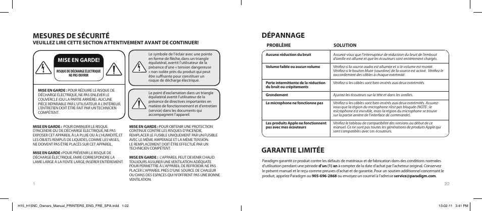 Mesures de sécurité, Dépannage, Garantie limitée | Mise en garde | Paradigm H15NC User Manual | Page 30 / 40