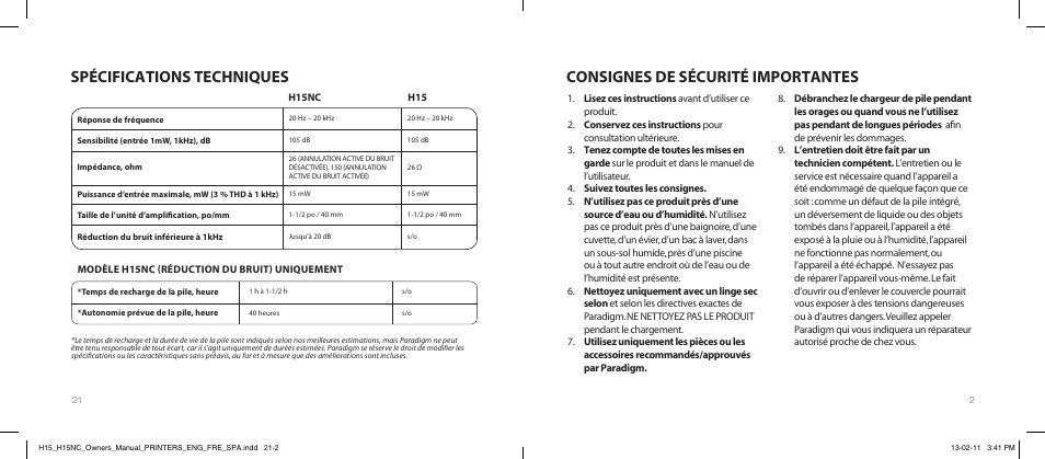 Consignes de sécurité importantes, Spécifications techniques | Paradigm H15NC User Manual | Page 31 / 40