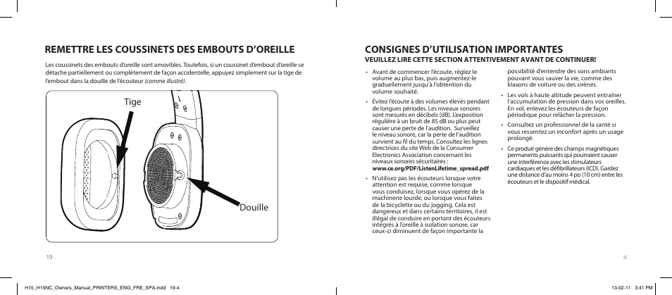 Consignes d’utilisation importantes, Remettre les coussinets des embouts d’oreille, Pin tige douille | Paradigm H15NC User Manual | Page 33 / 40