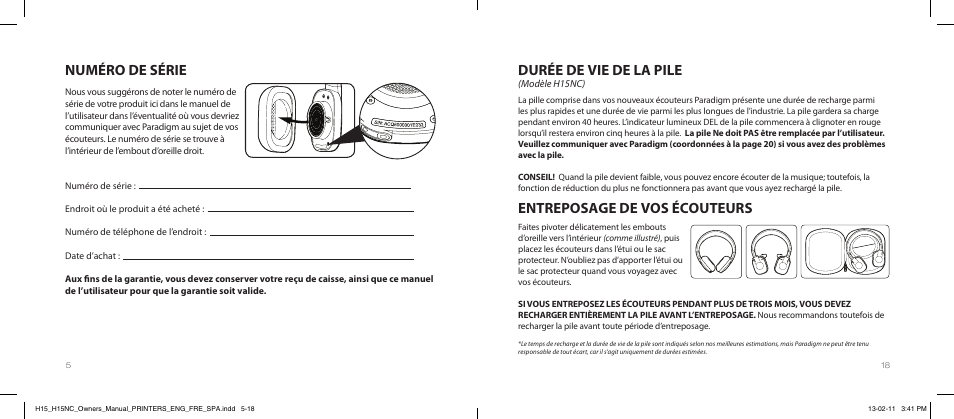 Numéro de série, Durée de vie de la pile, Entreposage de vos écouteurs | Paradigm H15NC User Manual | Page 34 / 40
