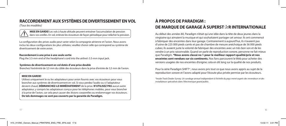 R internationale, Raccordement aux systèmes de divertissement en vol | Paradigm H15NC User Manual | Page 35 / 40