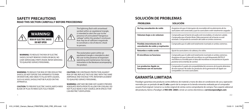 Warning, Safety precautions, Solución de problemas | Garantía limitada | Paradigm H15NC User Manual | Page 4 / 40
