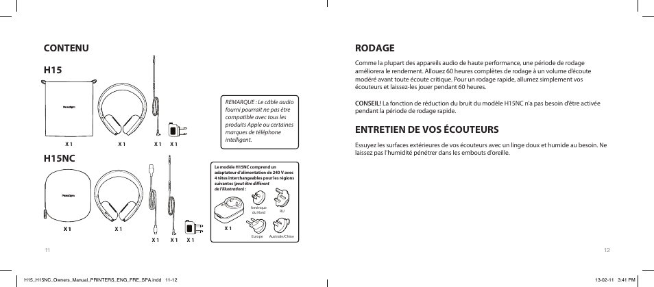Contenu h15 h15nc, Rodage entretien de vos écouteurs | Paradigm H15NC User Manual | Page 40 / 40