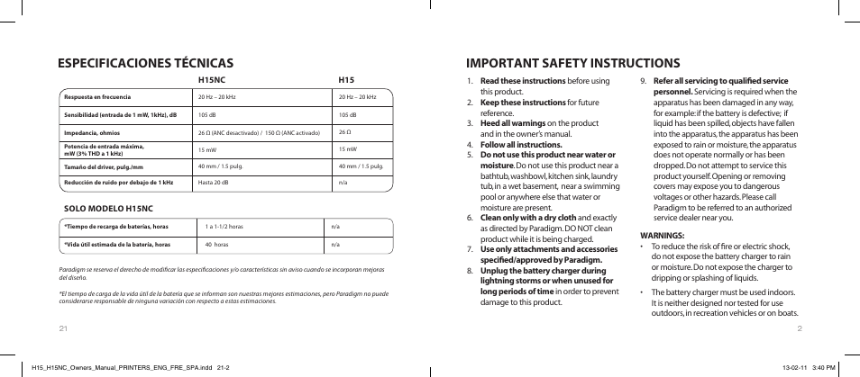 Important safety instructions, Especificaciones técnicas | Paradigm H15NC User Manual | Page 5 / 40