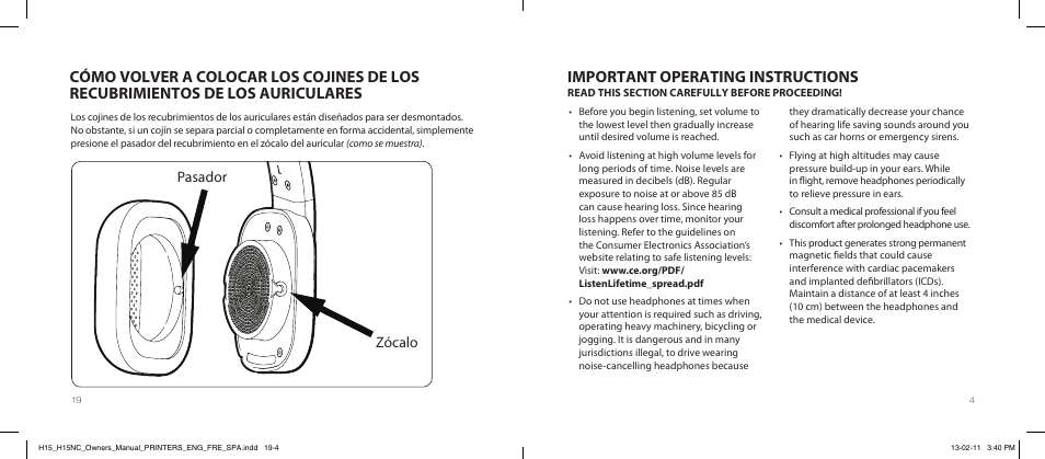 Important operating instructions, Pasador zócalo | Paradigm H15NC User Manual | Page 7 / 40