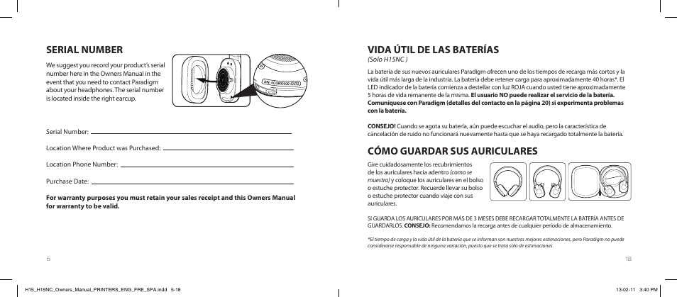 Serial number, Vida útil de las baterías, Cómo guardar sus auriculares | Paradigm H15NC User Manual | Page 8 / 40