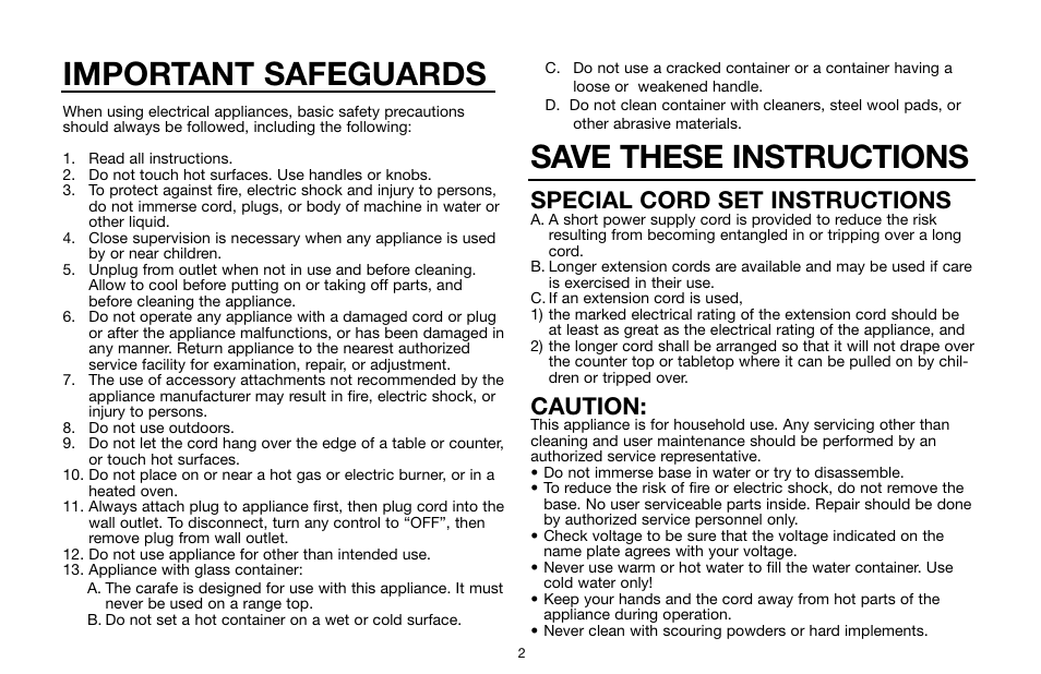 Important safeguards, Save these instructions, Special cord set instructions | Caution | Capresso 454 User Manual | Page 2 / 23