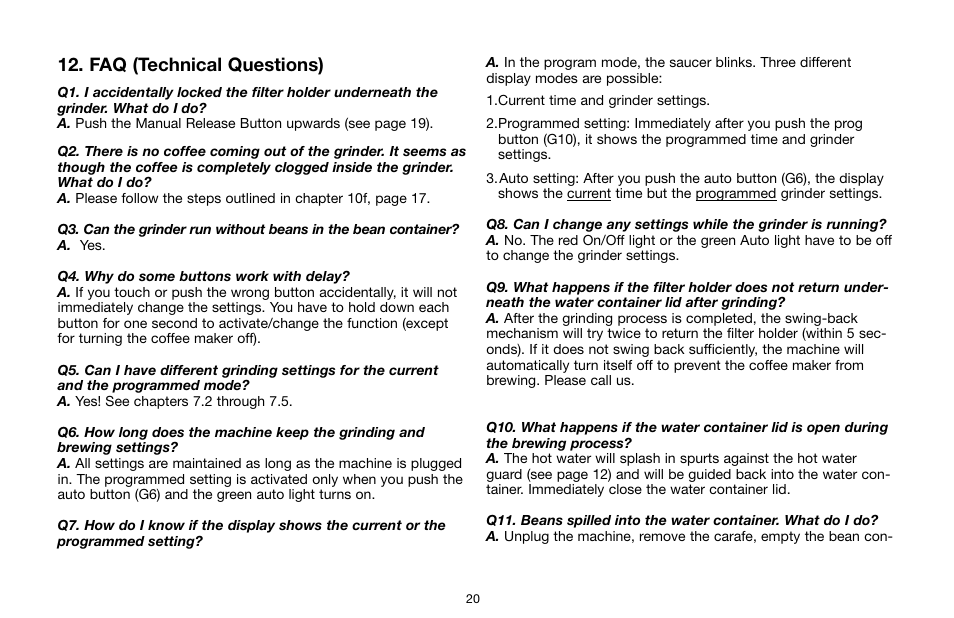 Faq (technical questions) | Capresso 454 User Manual | Page 20 / 23