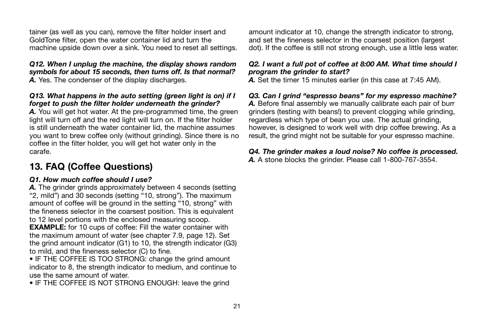 Faq (coffee questions) | Capresso 454 User Manual | Page 21 / 23