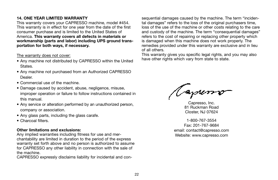 Capresso 454 User Manual | Page 22 / 23