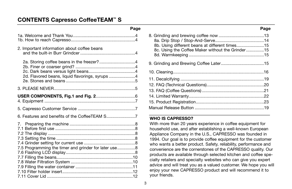 Contents capresso coffeeteam | Capresso 454 User Manual | Page 3 / 23