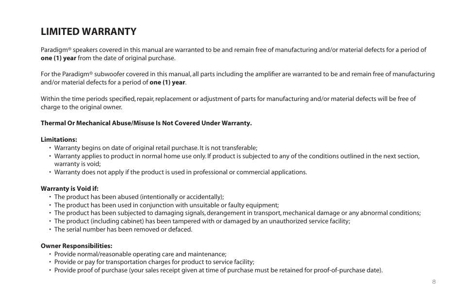 Limited warranty | Paradigm Millenia CT 2 User Manual | Page 11 / 44