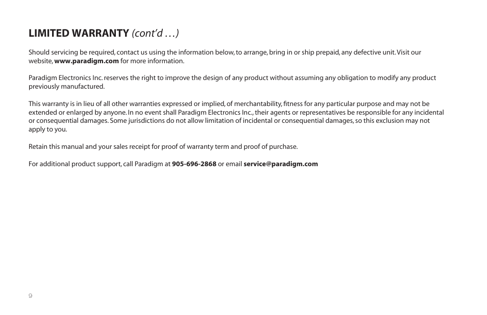 Limited warranty (cont’d …) | Paradigm Millenia CT 2 User Manual | Page 12 / 44