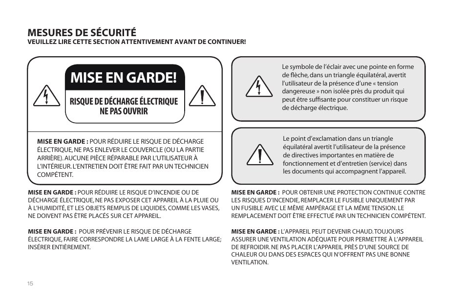 Mise en garde, Mesures de sécurité, Risque de décharge électrique ne pas ouvrir | Paradigm Millenia CT 2 User Manual | Page 18 / 44