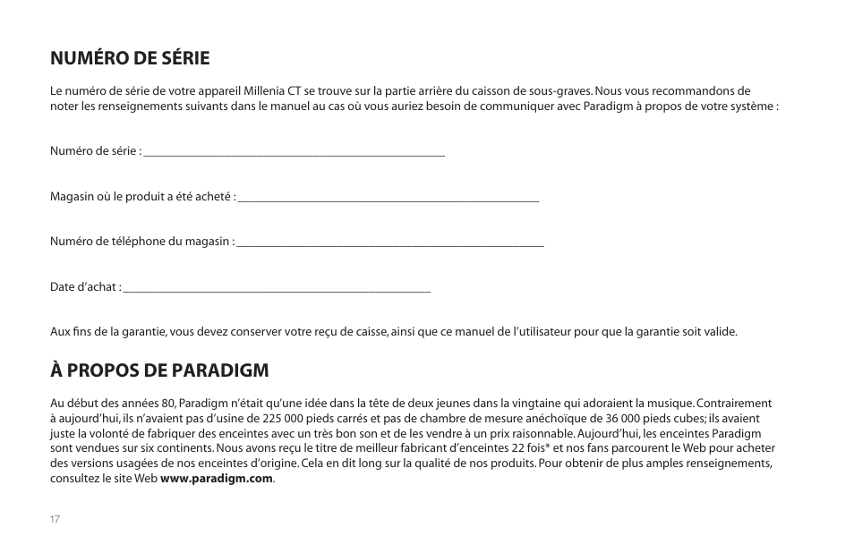 Numéro de série à propos de paradigm | Paradigm Millenia CT 2 User Manual | Page 20 / 44