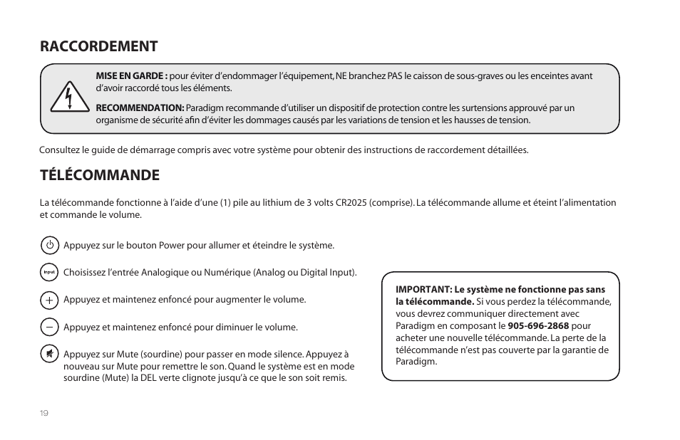 Raccordement télécommande | Paradigm Millenia CT 2 User Manual | Page 22 / 44