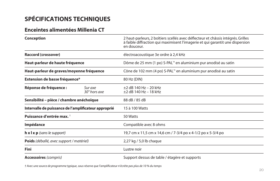 Spécifications techniques, Enceintes alimentées millenia ct | Paradigm Millenia CT 2 User Manual | Page 23 / 44