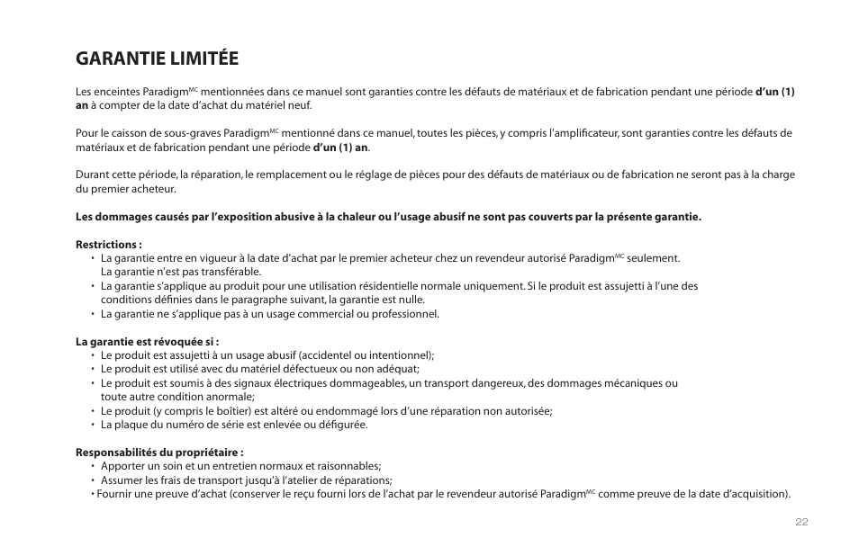 Garantie limitée | Paradigm Millenia CT 2 User Manual | Page 25 / 44