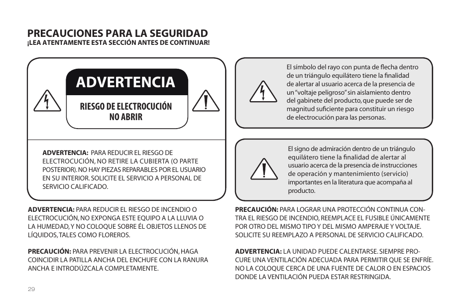 Advertencia, Precauciones para la seguridad, Riesgo de electrocución no abrir | Paradigm Millenia CT 2 User Manual | Page 32 / 44