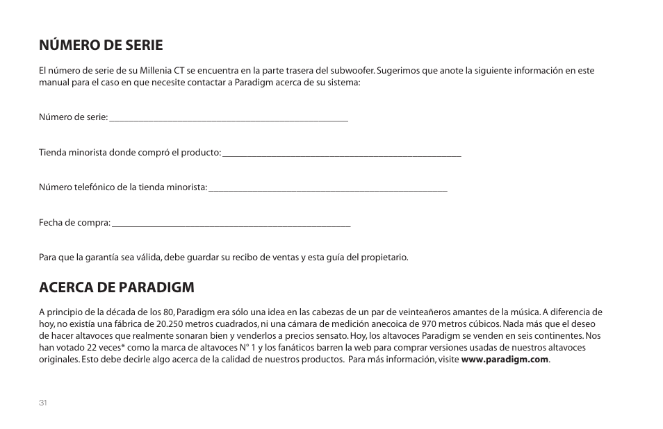 Número de serie, Acerca de paradigm | Paradigm Millenia CT 2 User Manual | Page 34 / 44