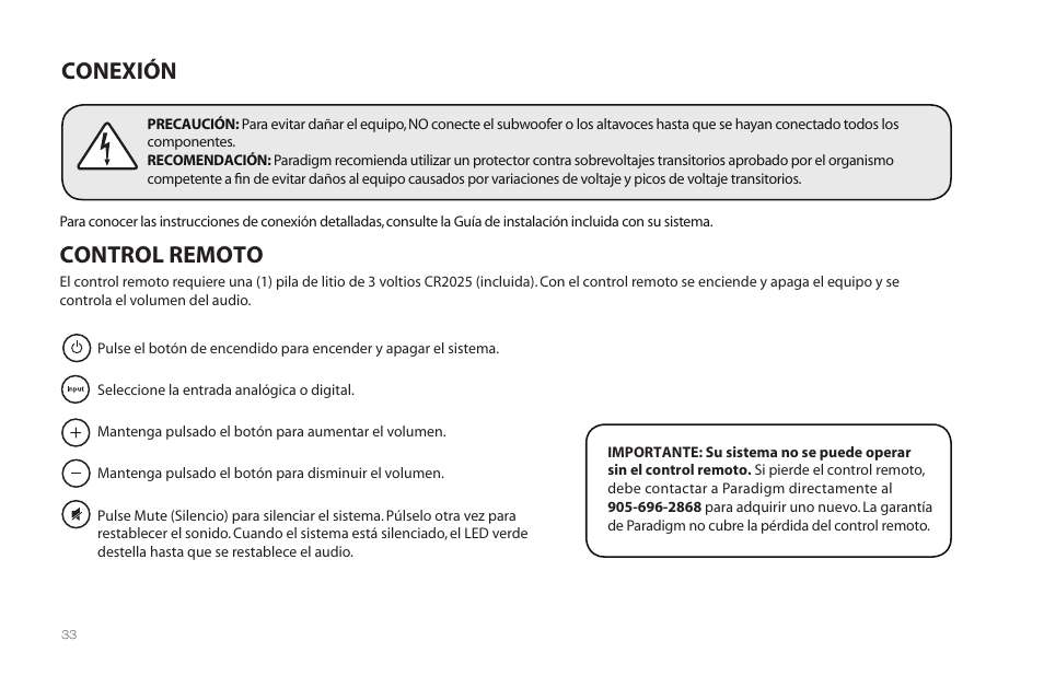 Conexión control remoto | Paradigm Millenia CT 2 User Manual | Page 36 / 44