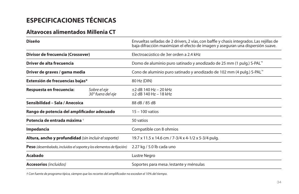 Especificaciones técnicas, Altavoces alimentados millenia ct | Paradigm Millenia CT 2 User Manual | Page 37 / 44