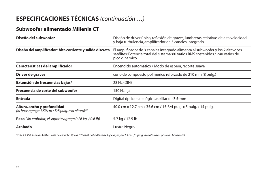 Especificaciones técnicas (continuación …), Subwoofer alimentado millenia ct | Paradigm Millenia CT 2 User Manual | Page 38 / 44