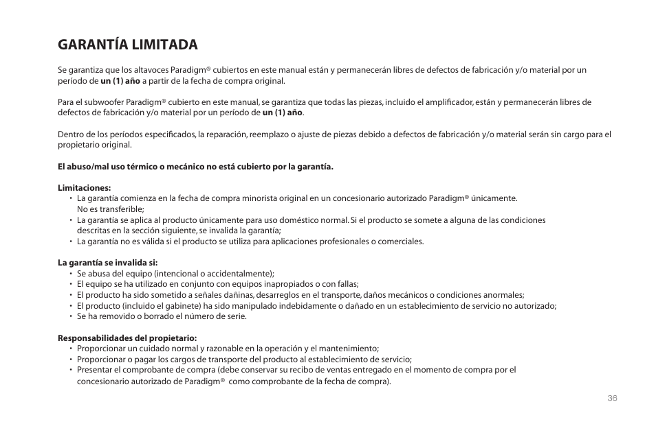 Garantía limitada | Paradigm Millenia CT 2 User Manual | Page 39 / 44