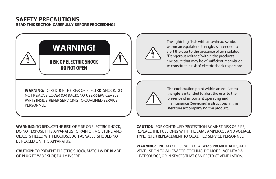 Warning, Safety precautions, Risk of electric shock do not open | Paradigm Millenia CT 2 User Manual | Page 4 / 44