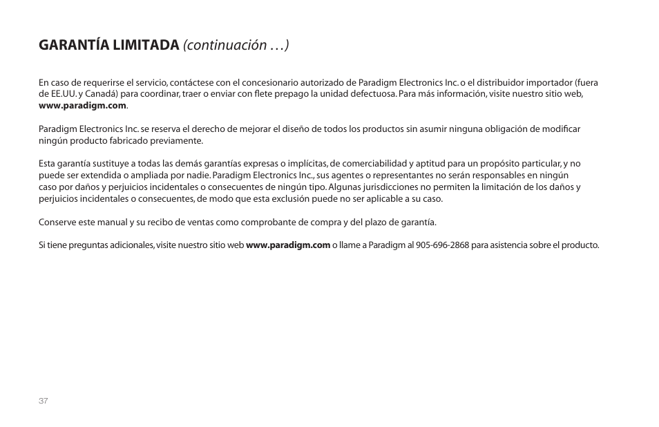 Garantía limitada (continuación …) | Paradigm Millenia CT 2 User Manual | Page 40 / 44