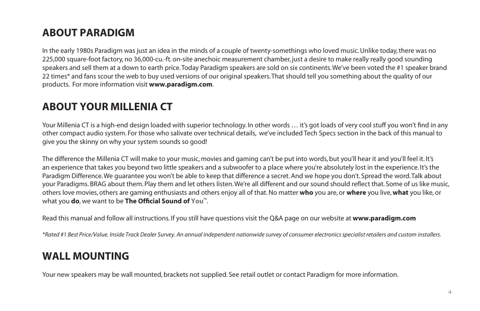 About paradigm, About your millenia ct wall mounting | Paradigm Millenia CT 2 User Manual | Page 7 / 44