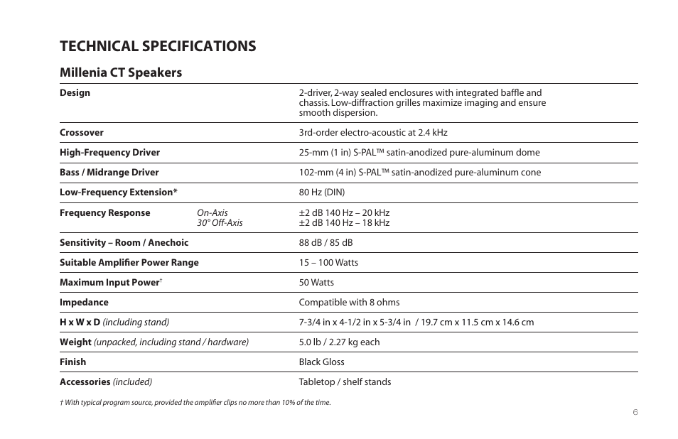 Technical specifications, Millenia ct speakers | Paradigm Millenia CT 2 User Manual | Page 9 / 44