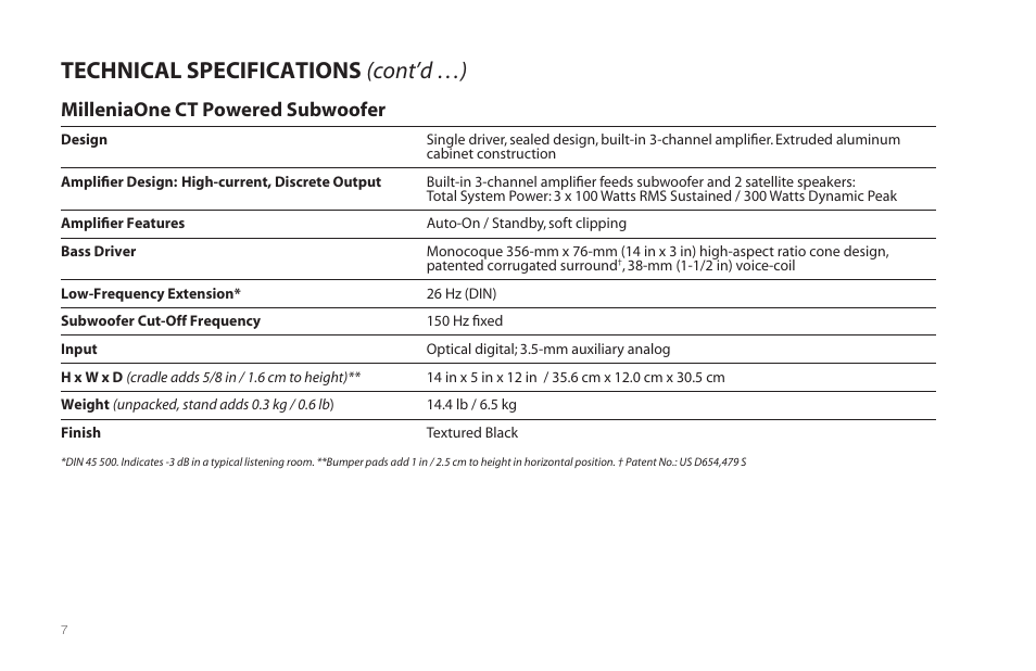 Technical specifications (cont’d …), Milleniaone ct powered subwoofer | Paradigm MilleniaOne CT User Manual | Page 10 / 44