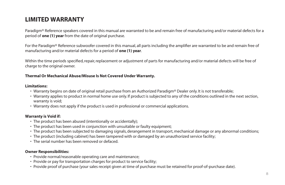 Limited warranty | Paradigm MilleniaOne CT User Manual | Page 11 / 44