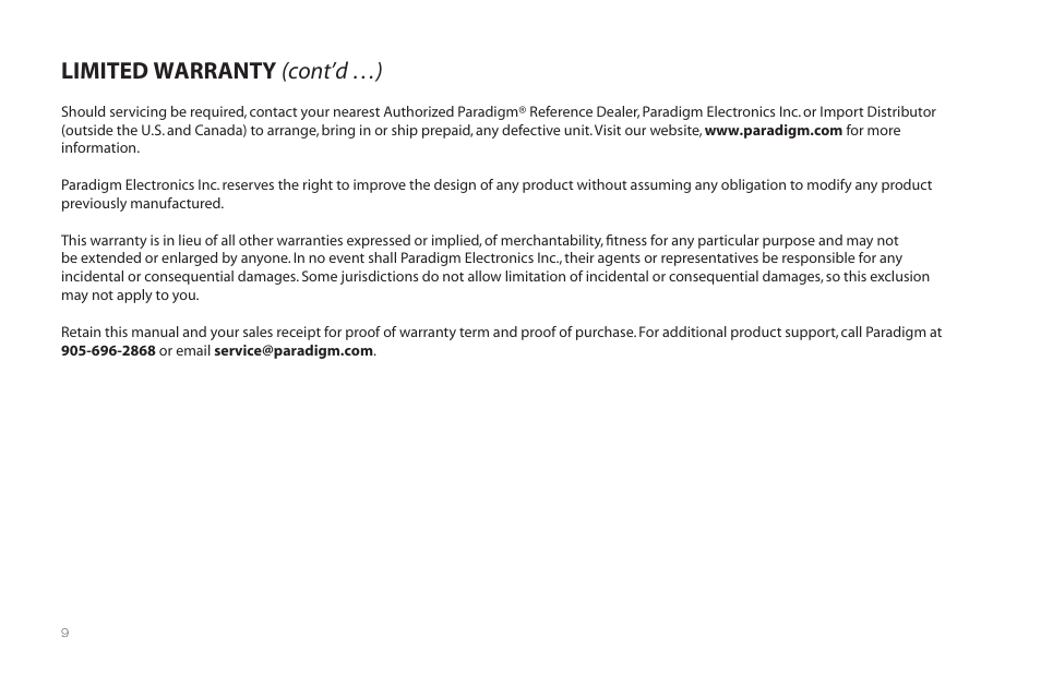Limited warranty (cont’d …) | Paradigm MilleniaOne CT User Manual | Page 12 / 44